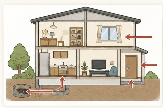 虫の侵入経路を示した住宅の断面イラスト。窓・玄関・排水管から侵入する様子