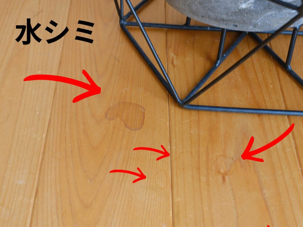 観葉植物の水やりで無垢床にできた黒いシミ