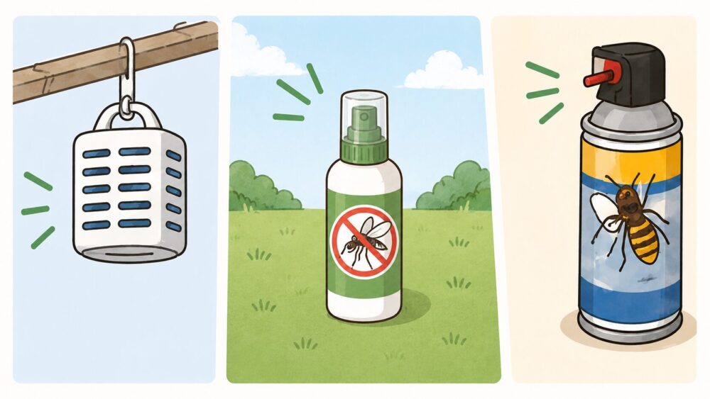 庭がある家で効果があった虫対策3つのイラスト。吊り下げ式虫よけ・屋外用スプレー・殺虫スプレー