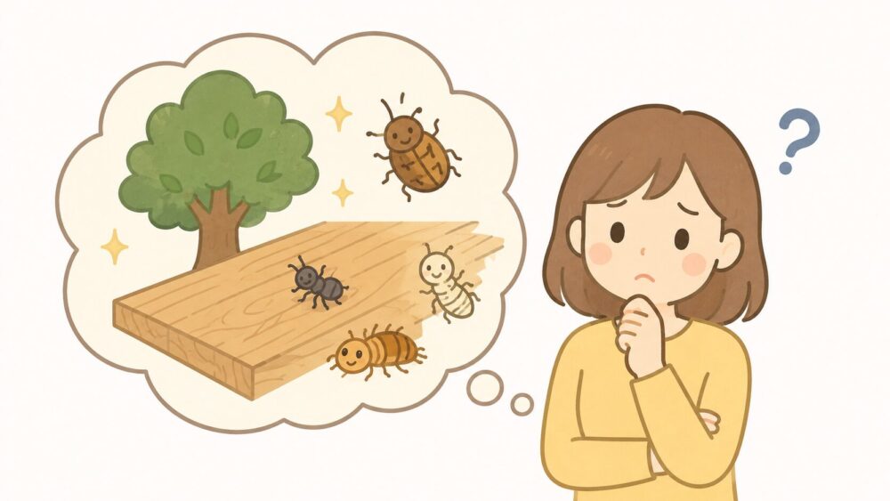 「無垢床は自然の木だから虫が湧きそう」と不安げに考える女性のイラスト