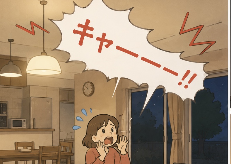 夜のリビングで虫を見つけて「キャーー！」と驚く女性のイラスト