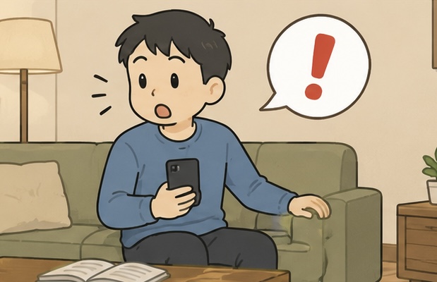 夜のリビングでくつろいでいたら虫を見つけて驚く男性のイラスト