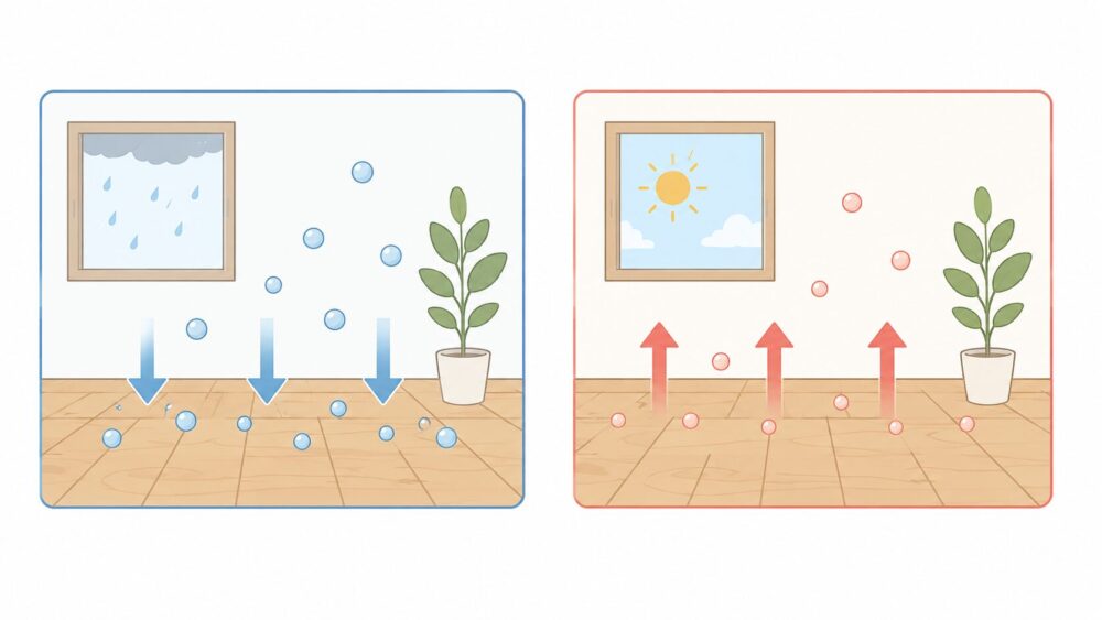 無垢床の調湿性をあらわしたイラスト。湿気の多い日は吸い込み、乾燥した日は放出する様子