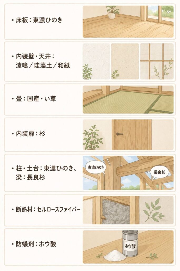 岐阜展示場の標準仕様。床・壁・断熱材・シロアリ対策まで自然素材で統一された標準仕様